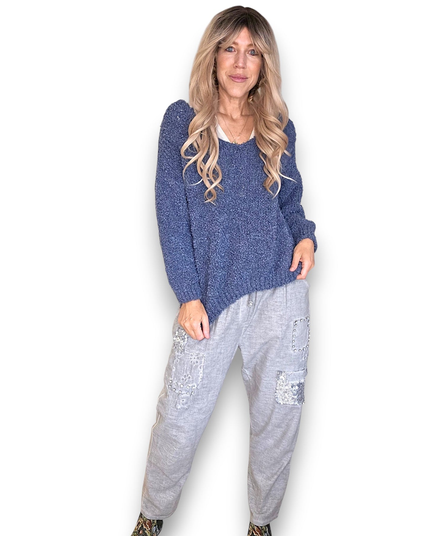 Corn Blue V-Neck Chenille Sweater
