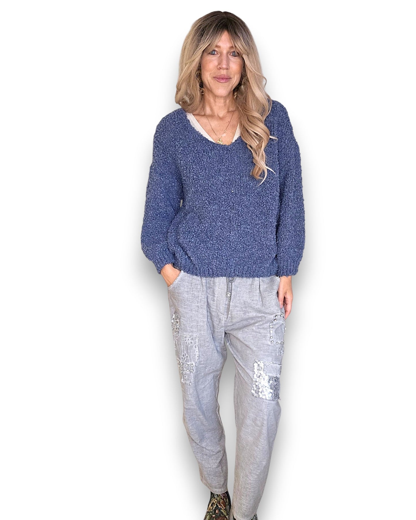 Corn Blue V-Neck Chenille Sweater