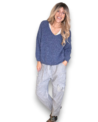 Corn Blue V-Neck Chenille Sweater