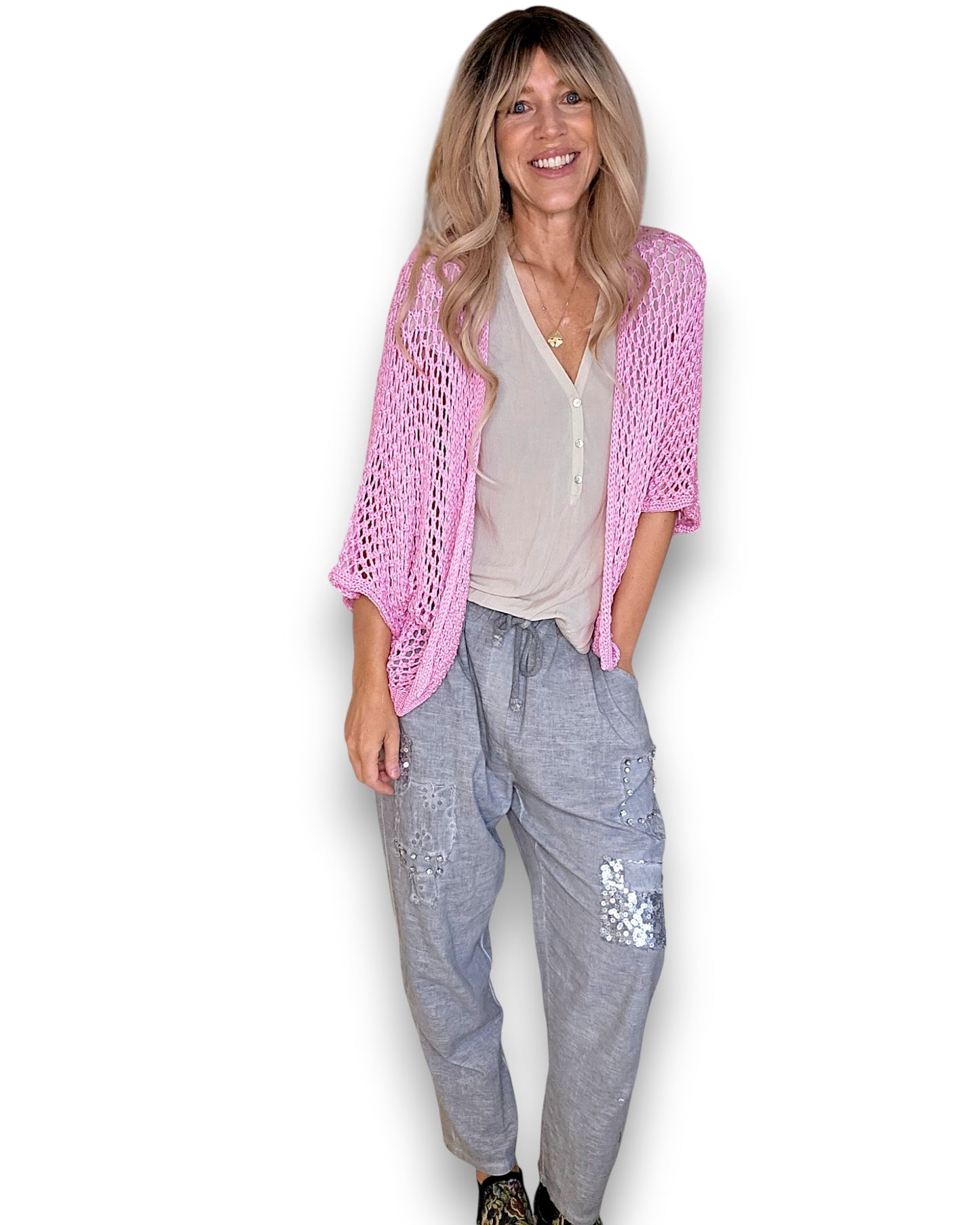 Bubbelgum Pink Crochet Star Cardi