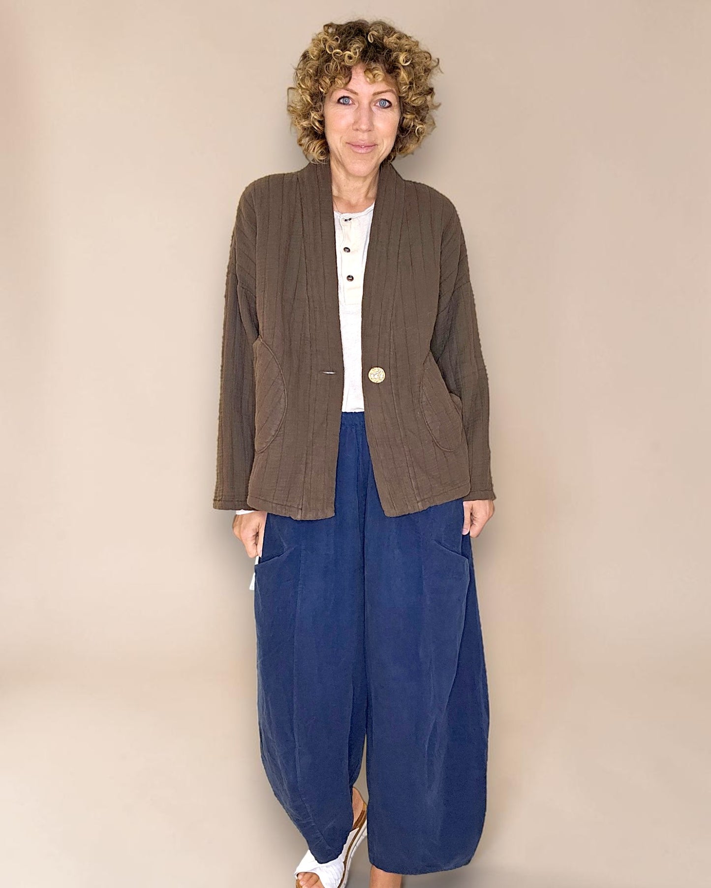 Coffee Cotton Gauze Kimono-Gold Button