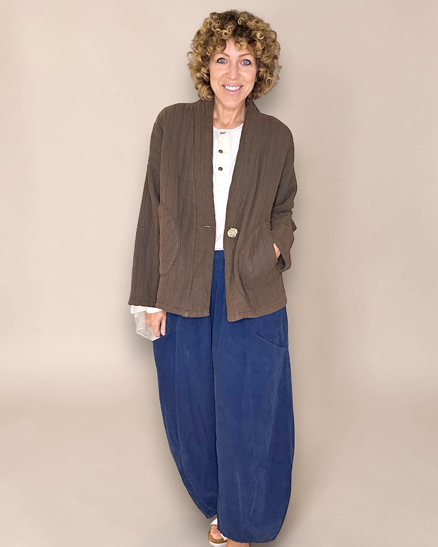 Coffee Cotton Gauze Kimono-Gold Button