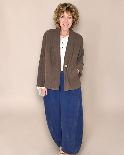 Coffee Cotton Gauze Kimono-Gold Button