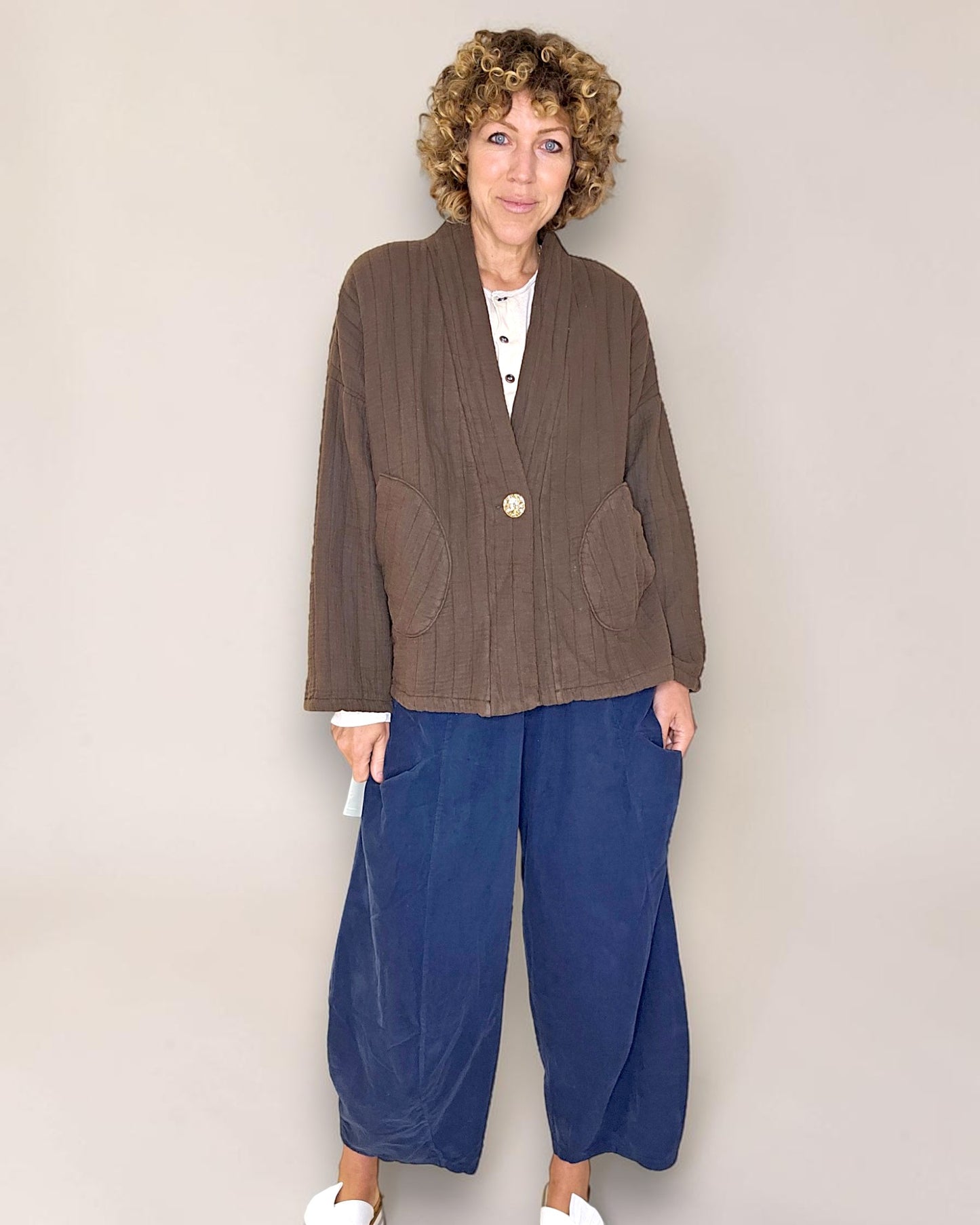 Coffee Cotton Gauze Kimono-Gold Button
