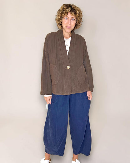 Coffee Cotton Gauze Kimono-Gold Button