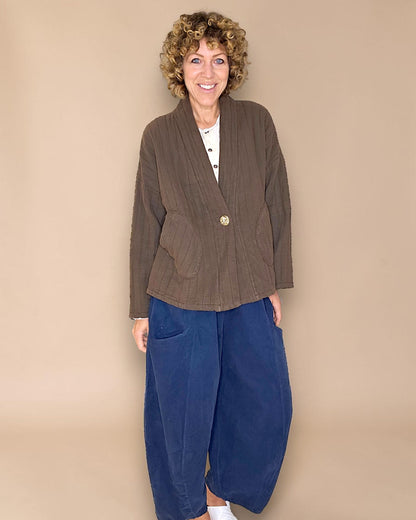 Coffee Cotton Gauze Kimono-Gold Button