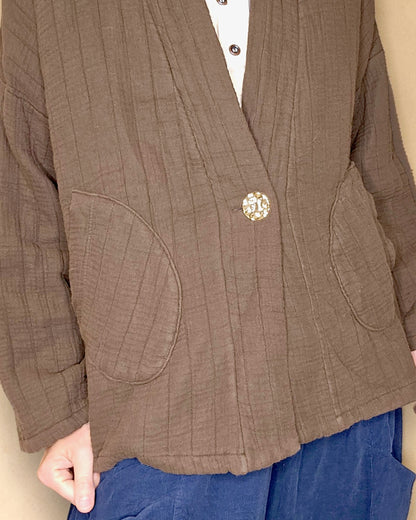 Coffee Cotton Gauze Kimono-Gold Button