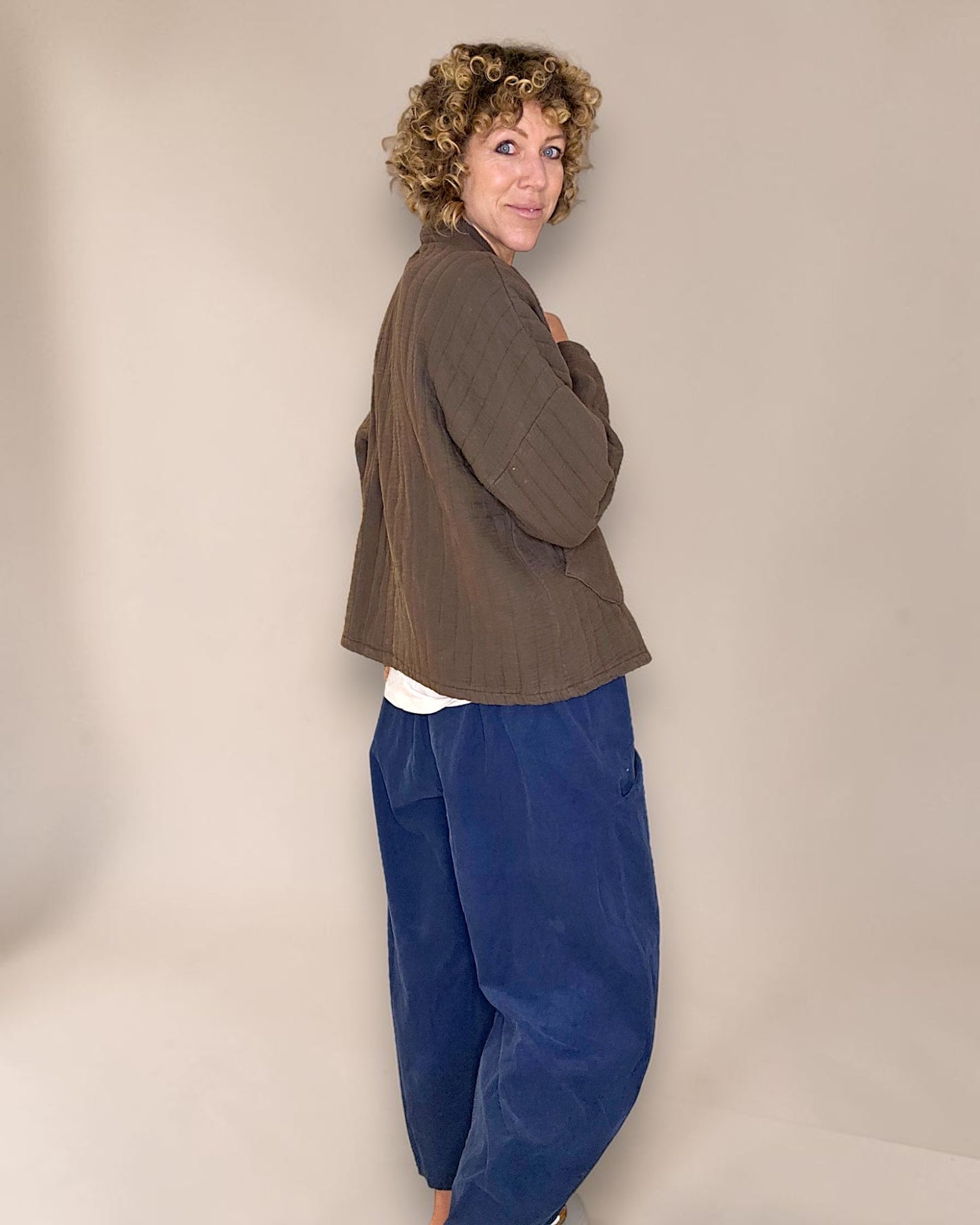 Coffee Cotton Gauze Kimono-Gold Button