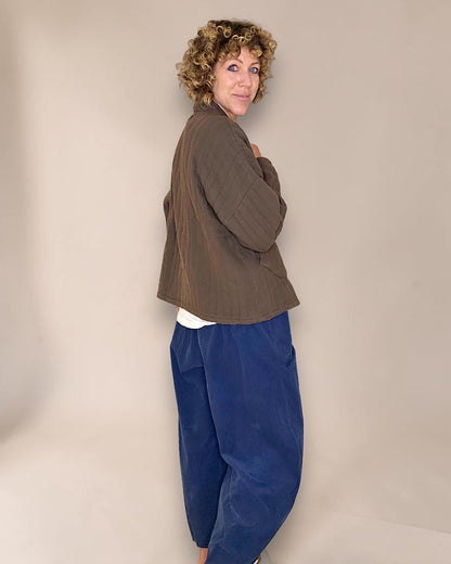 Coffee Cotton Gauze Kimono-Gold Button