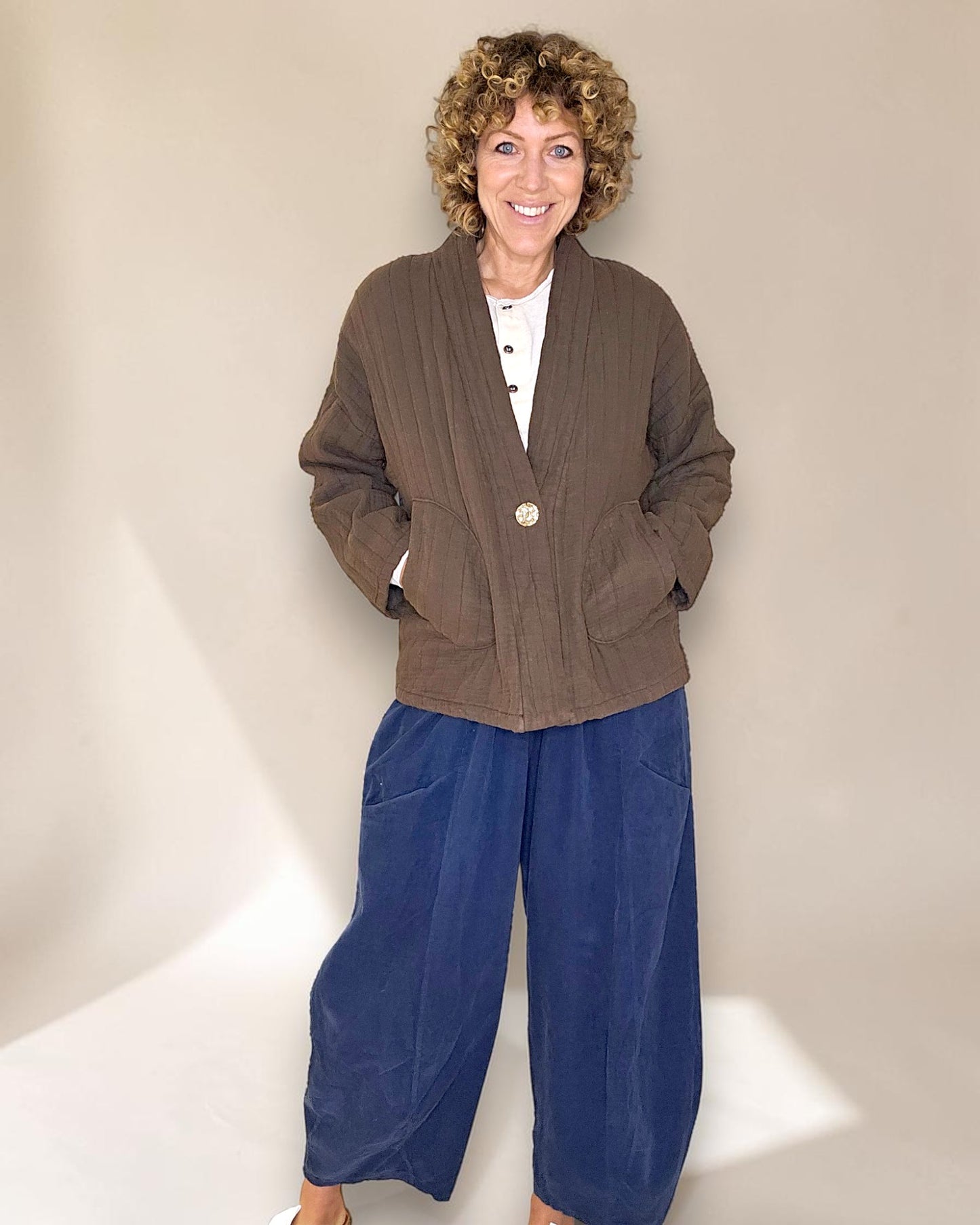 Coffee Cotton Gauze Kimono-Gold Button