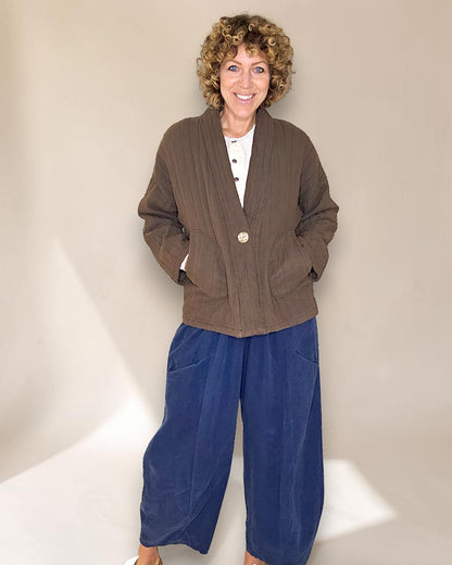 Coffee Cotton Gauze Kimono-Gold Button