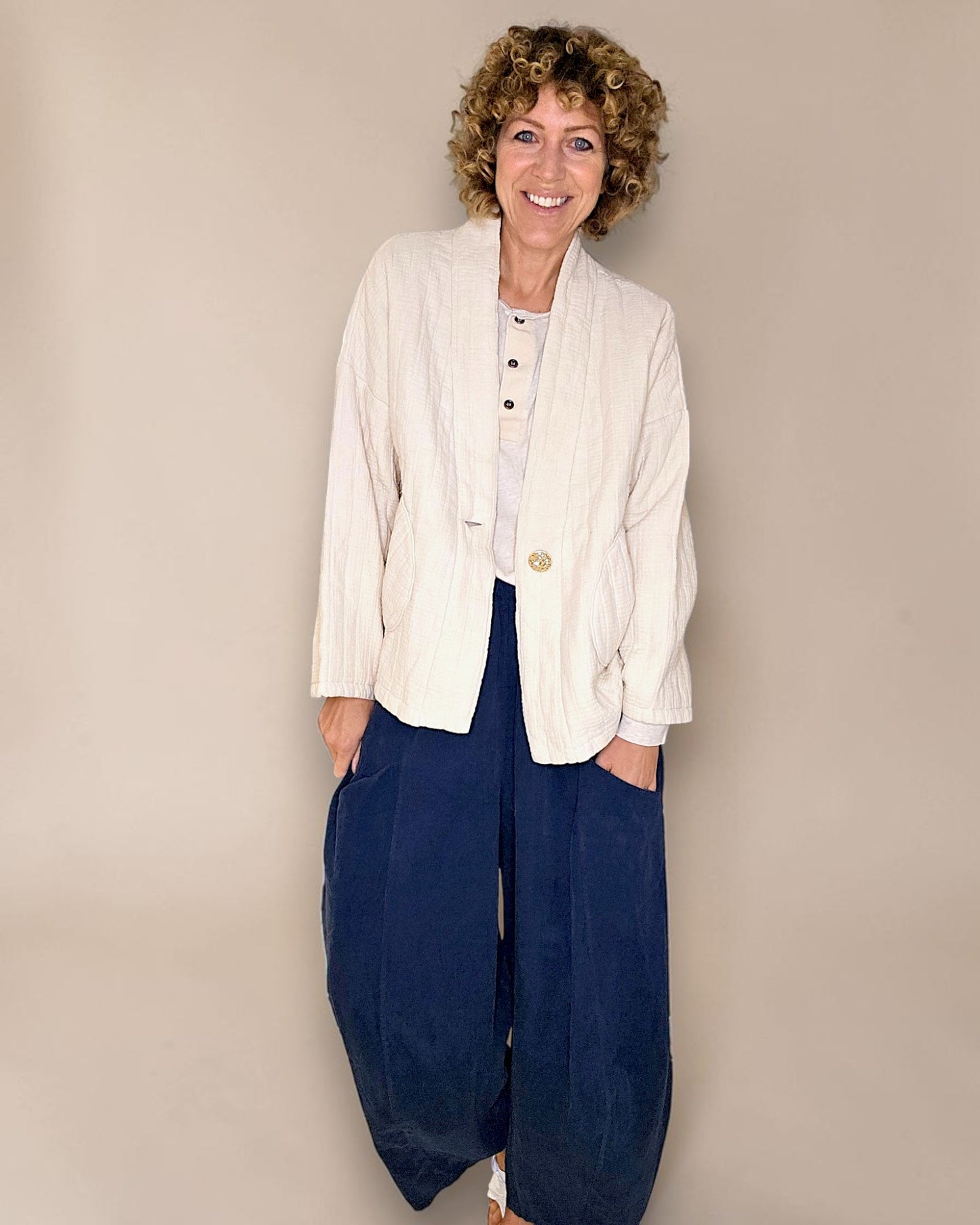 Vanilla Cotton Gauze Kimono-Gold Button