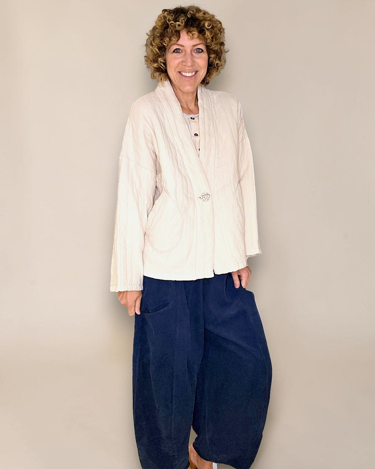 Vanilla Cotton Gauze Kimono-Gold Button
