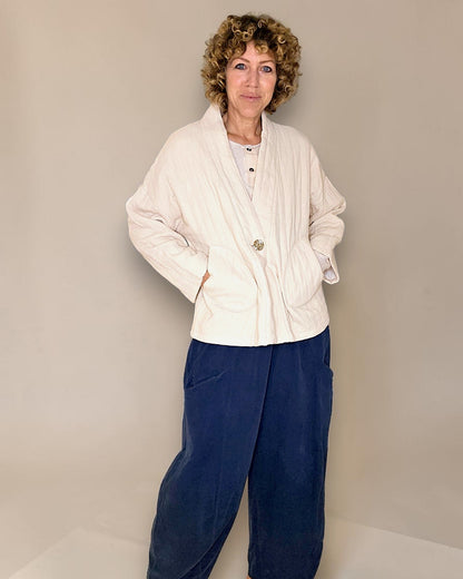 Vanilla Cotton Gauze Kimono-Gold Button