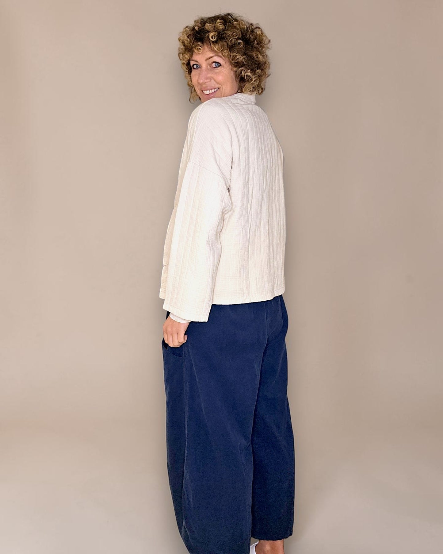 Vanilla Cotton Gauze Kimono-Gold Button