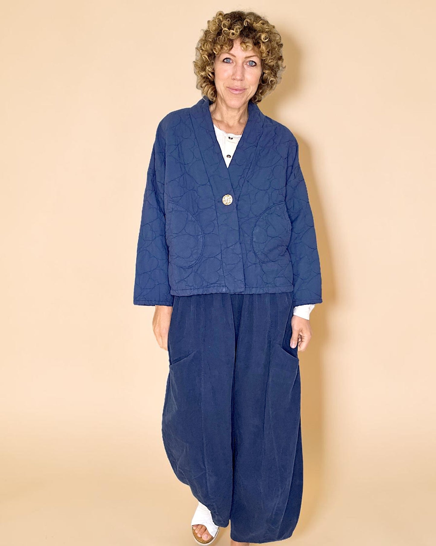 Navy Love Heart Gold Button Quilt Jkt