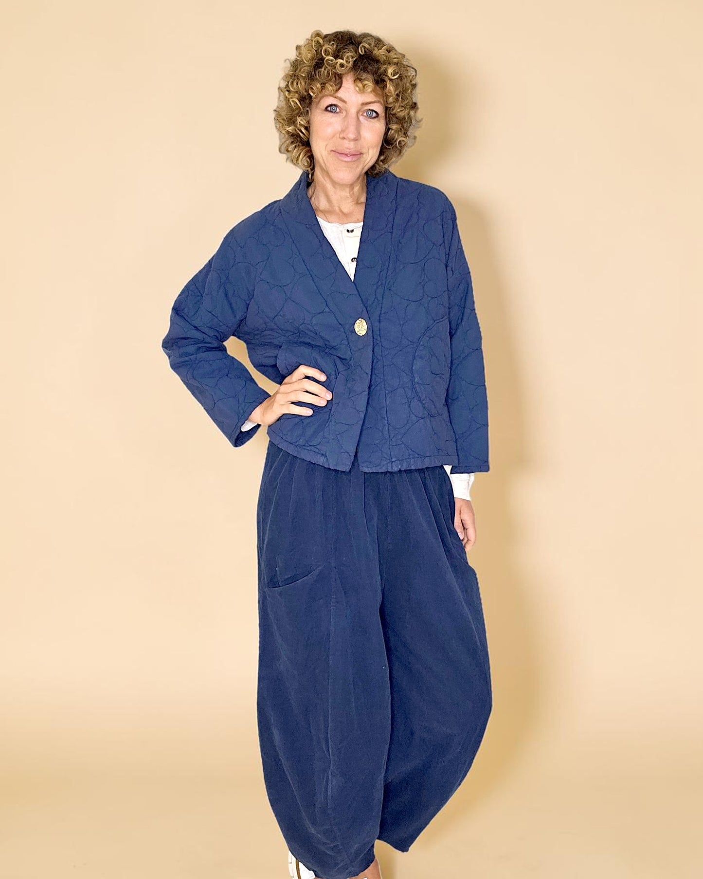 Navy Love Heart Gold Button Quilt Jkt