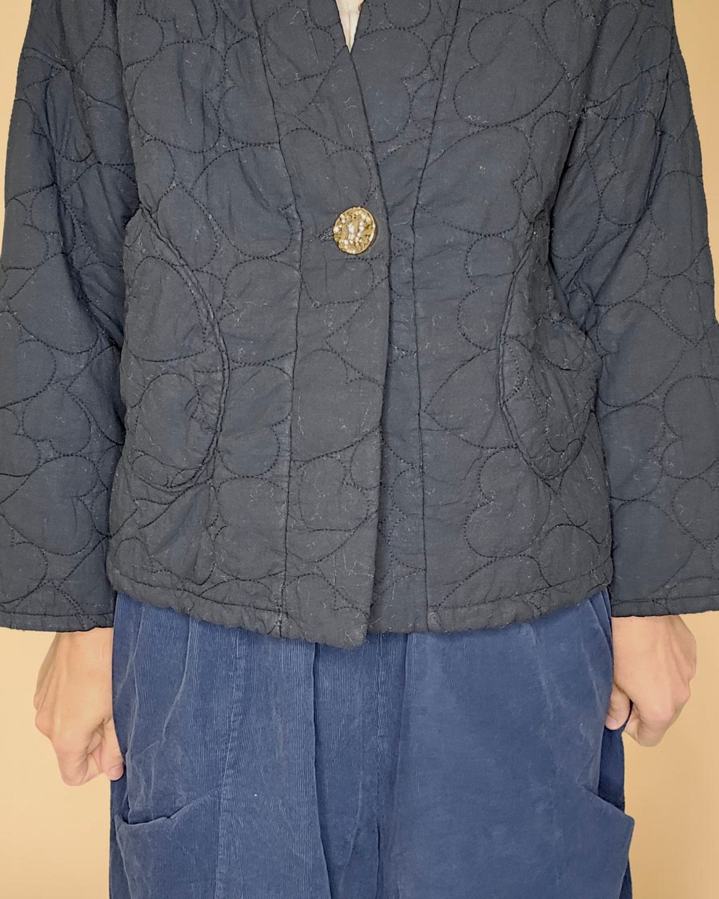 Black Love Heart Gold Button Quilt Jkt