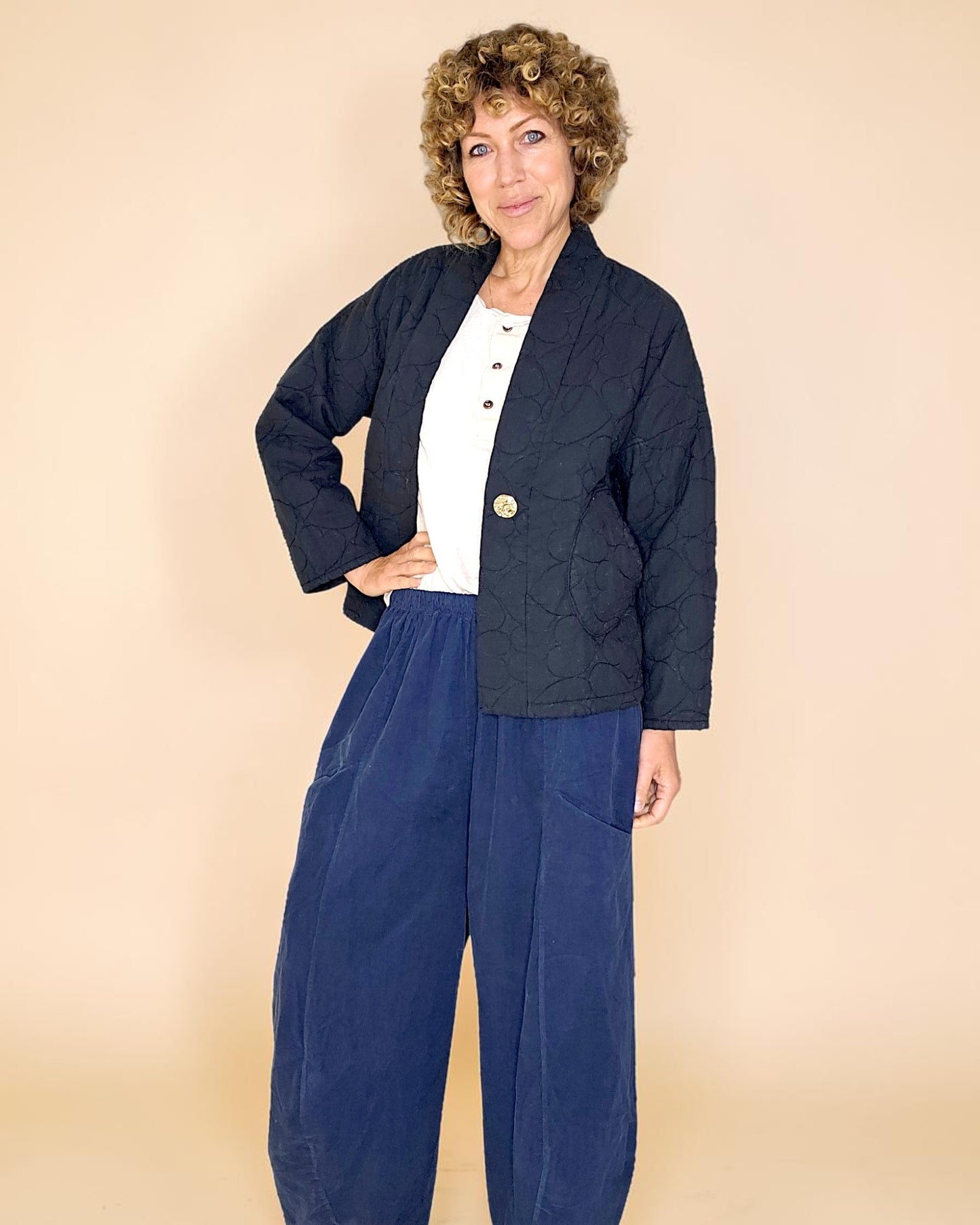 Black Love Heart Gold Button Quilt Jkt