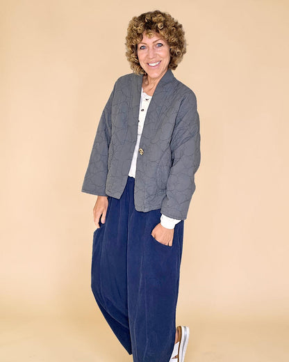 Grey Love Heart Gold Button Quilt Jkt