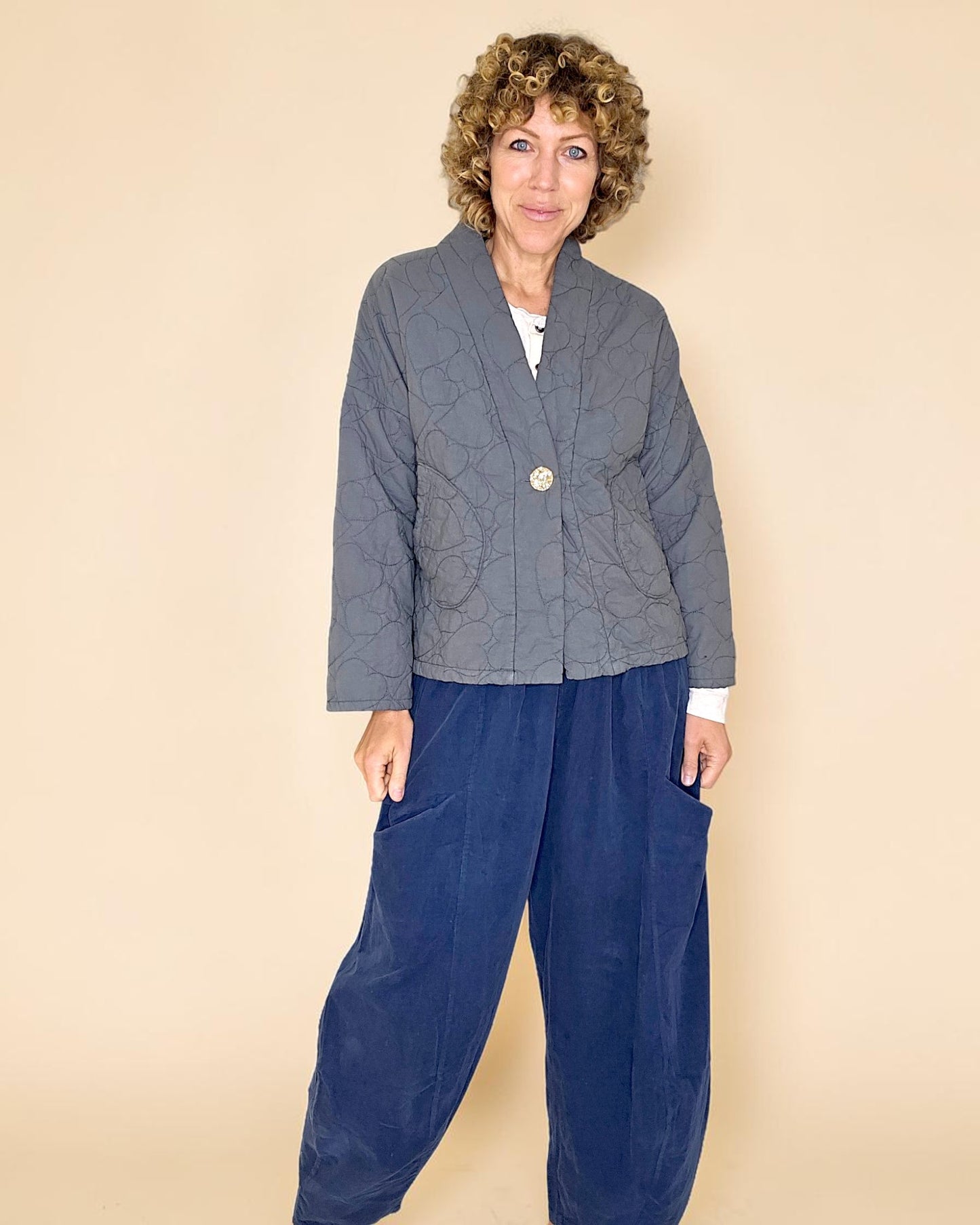 Grey Love Heart Gold Button Quilt Jkt