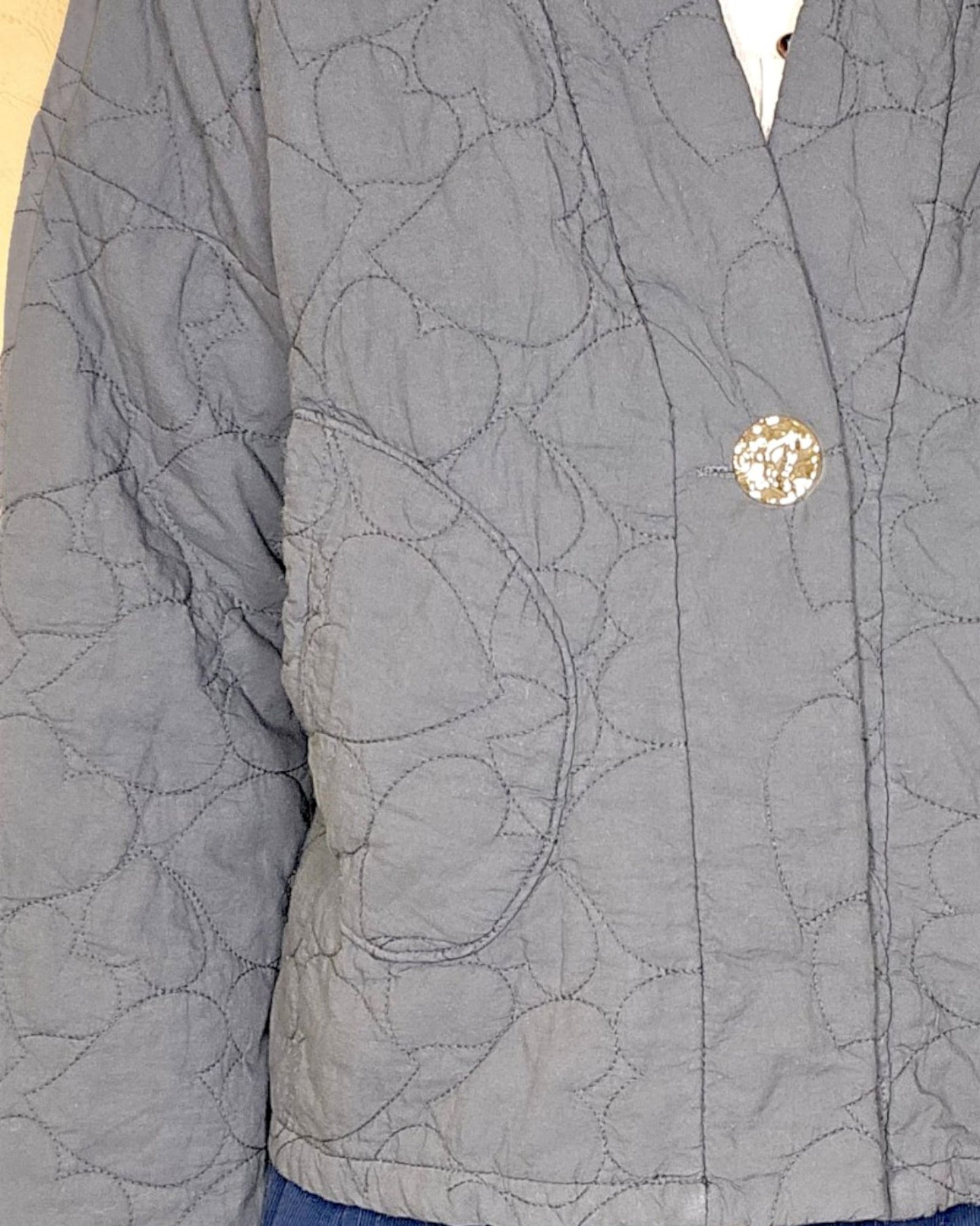 Grey Love Heart Gold Button Quilt Jkt