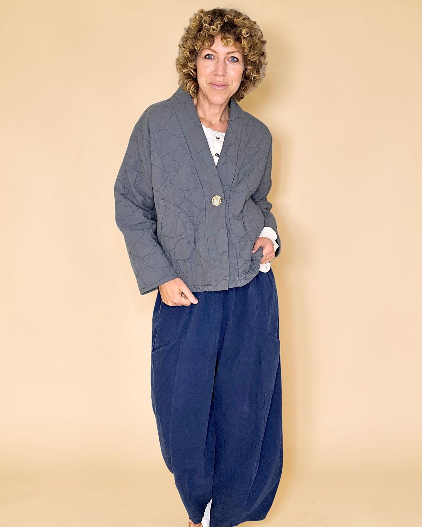 Grey Love Heart Gold Button Quilt Jkt