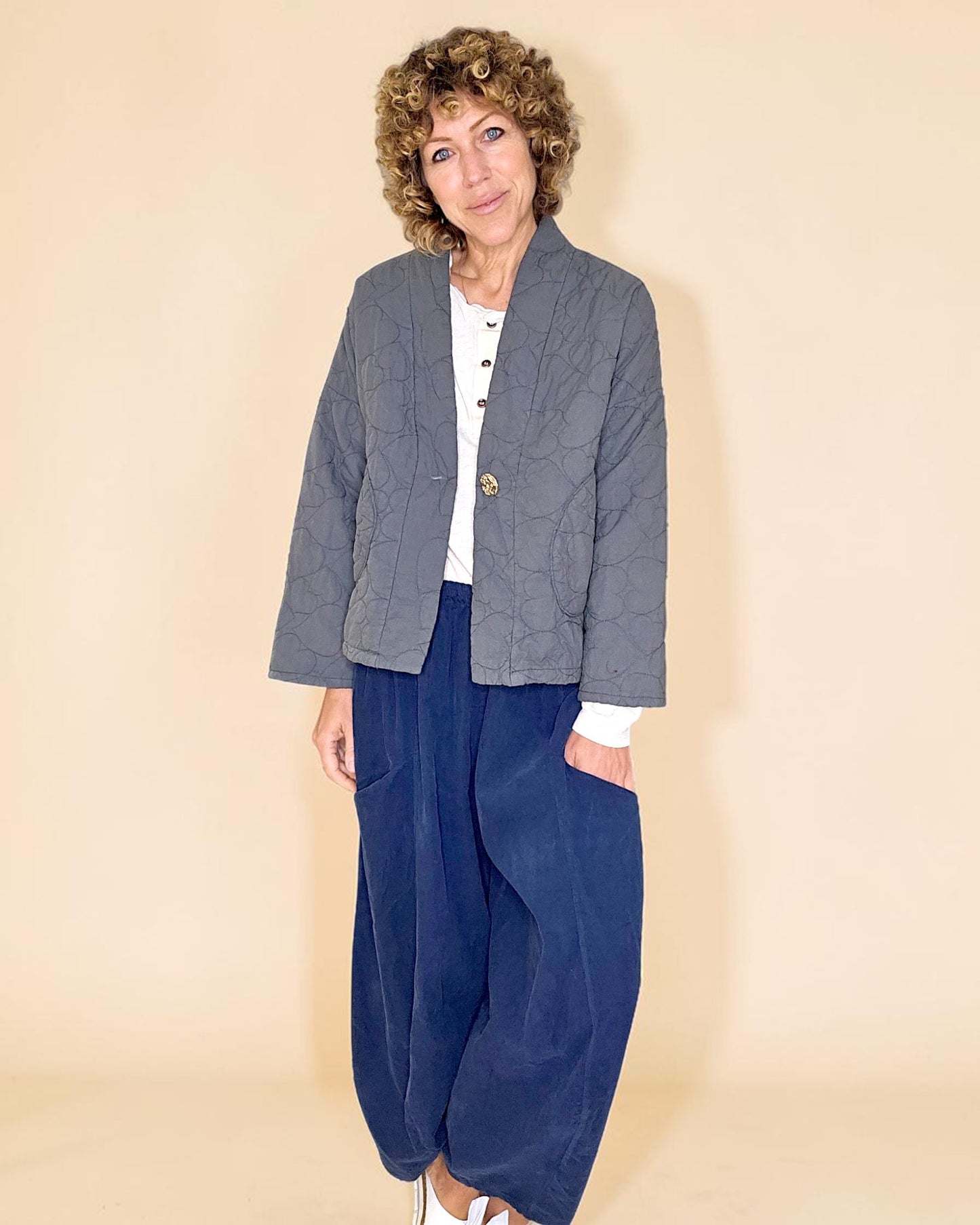 Grey Love Heart Gold Button Quilt Jkt