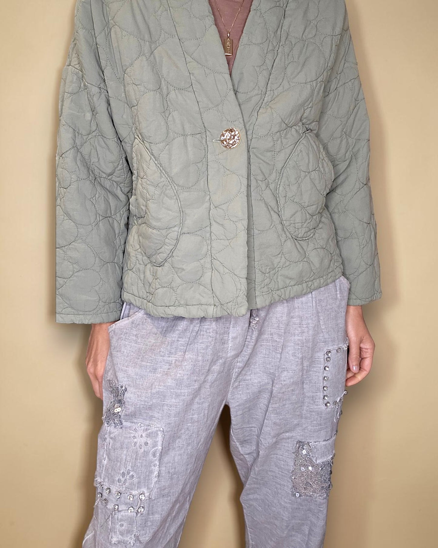 Forest Love Heart Gold Button Quilt Jkt