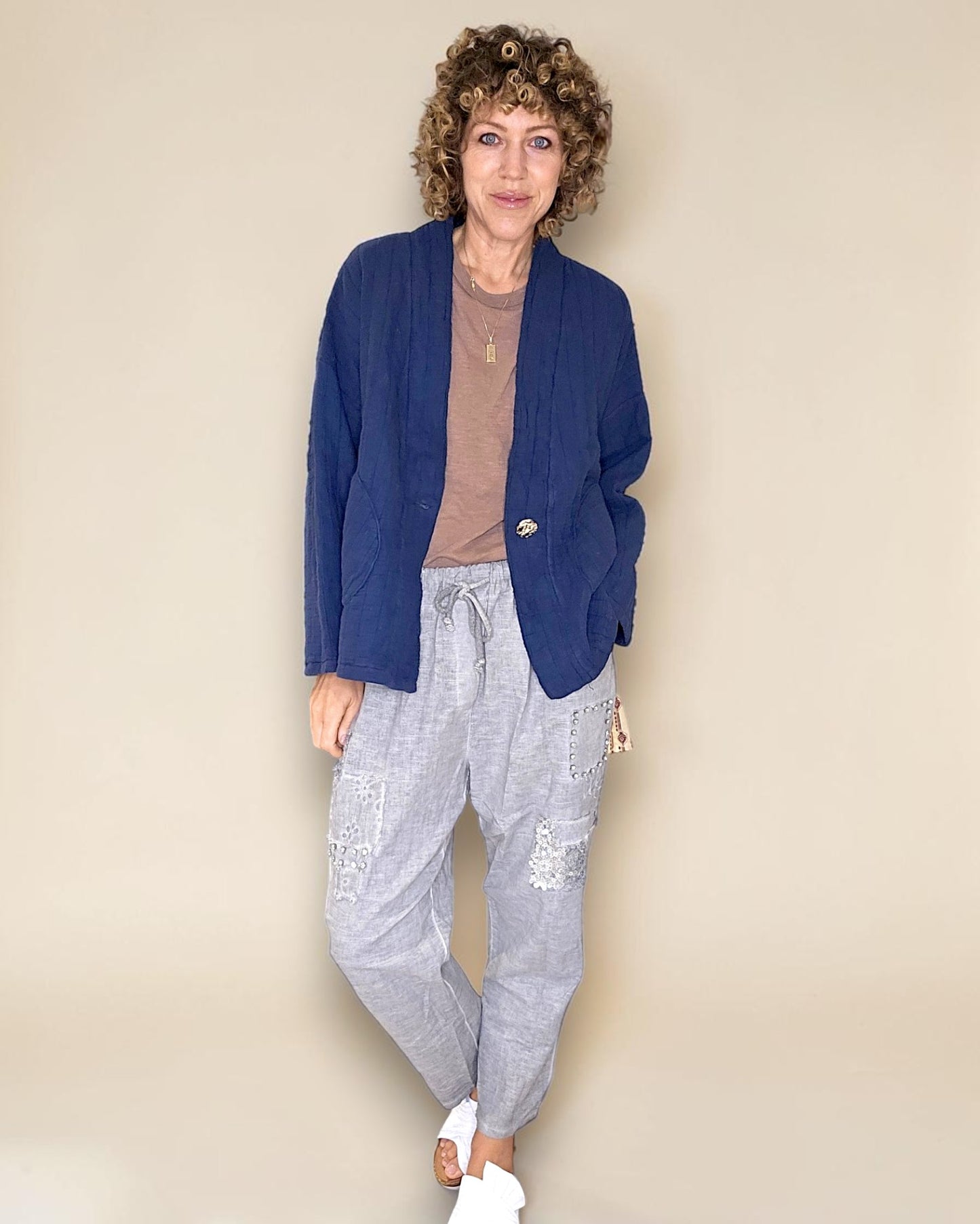 Navy Cotton Gauze Kimono-Gold Button