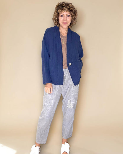 Navy Cotton Gauze Kimono-Gold Button