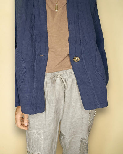 Navy Cotton Gauze Kimono-Gold Button