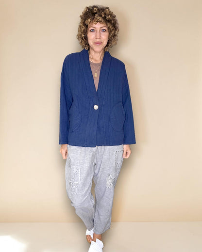 Navy Cotton Gauze Kimono-Gold Button