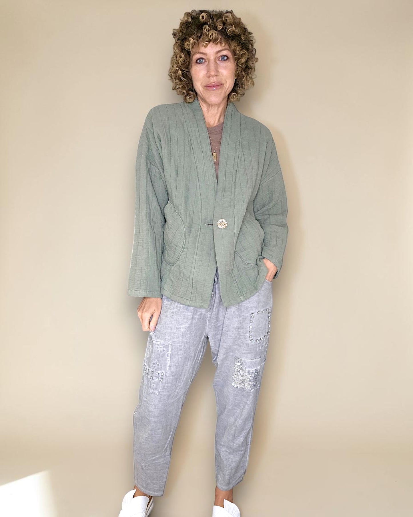 Forest Cotton Gauze Kimono-Gold Button