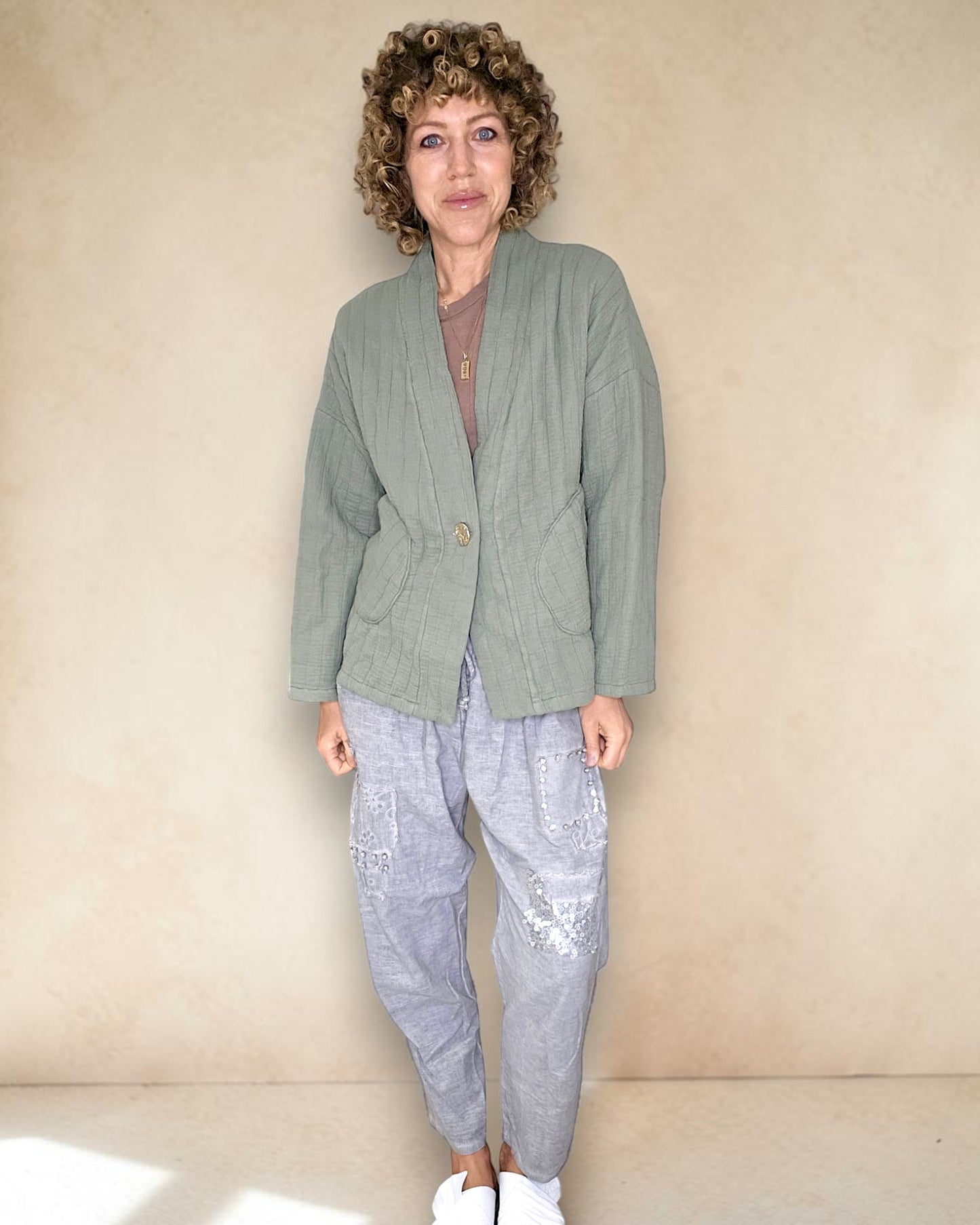 Forest Cotton Gauze Kimono-Gold Button