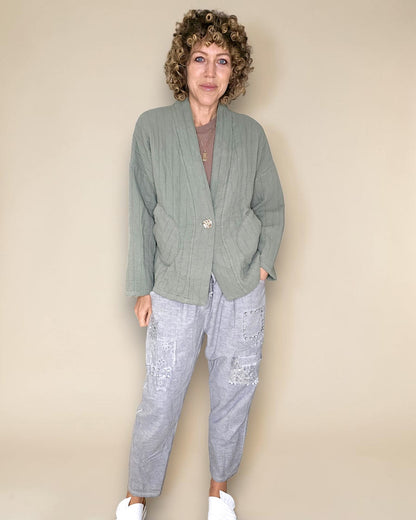 Forest Cotton Gauze Kimono-Gold Button