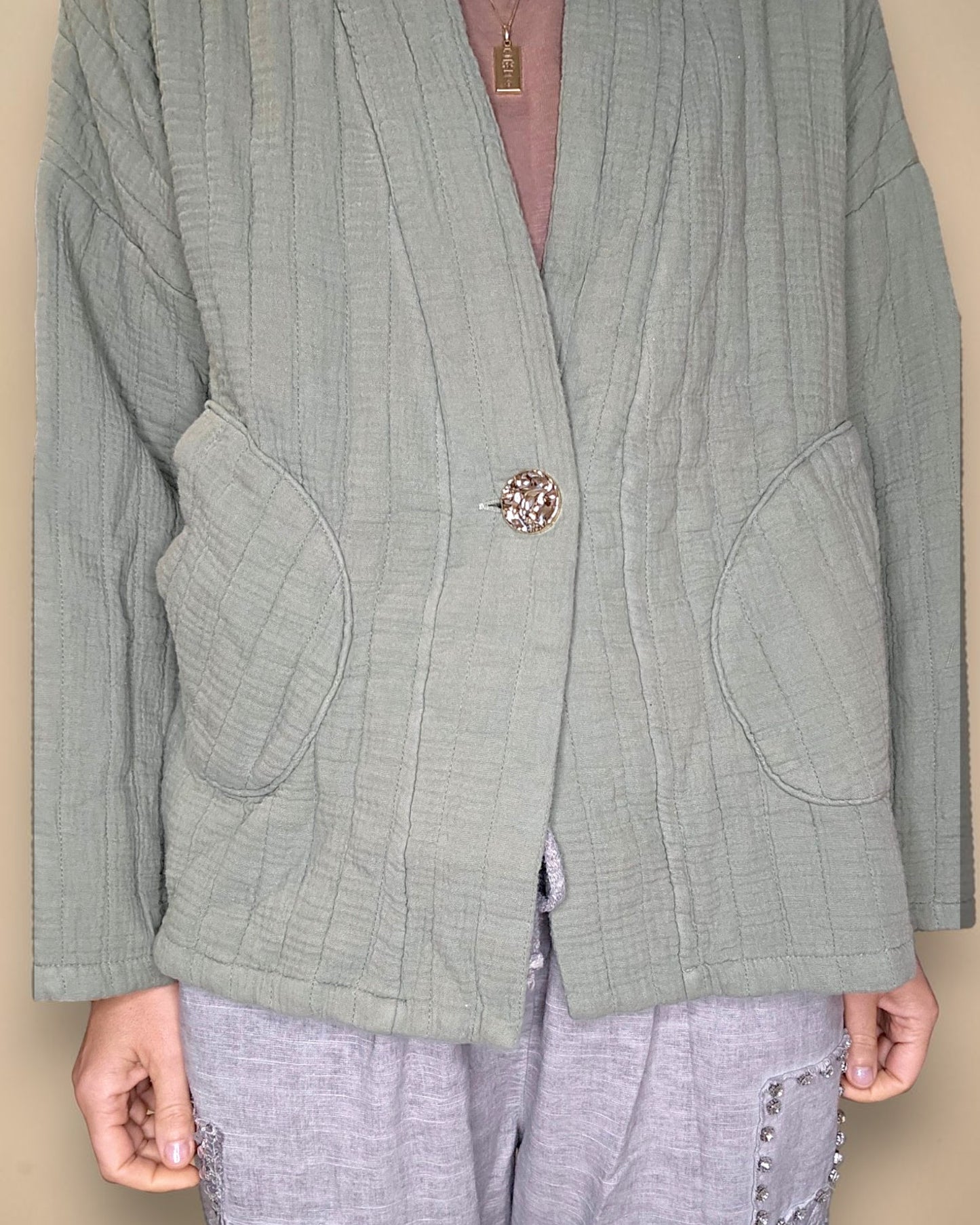 Forest Cotton Gauze Kimono-Gold Button