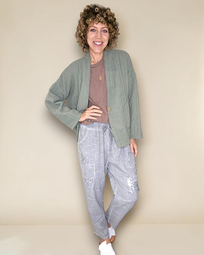 Forest Cotton Gauze Kimono-Gold Button
