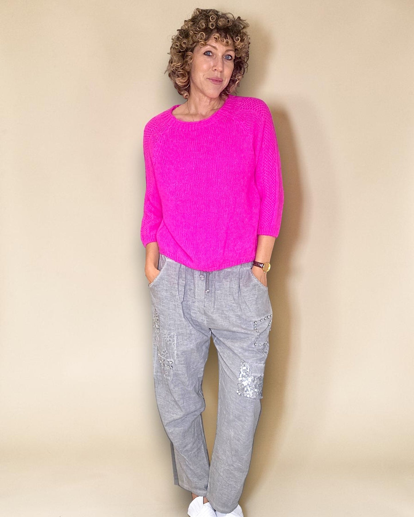 Fluoro Pink Crewneck Mohair Blend Sweater