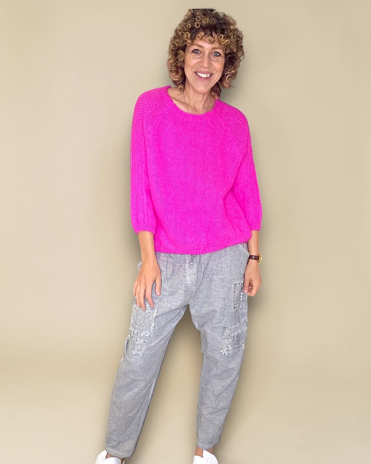 Fluoro Pink Crewneck Mohair Blend Sweater