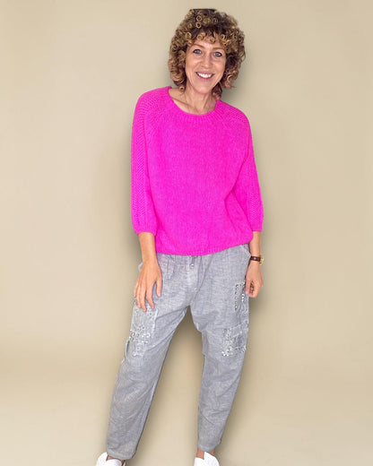 Fluoro Pink Crewneck Mohair Blend Sweater