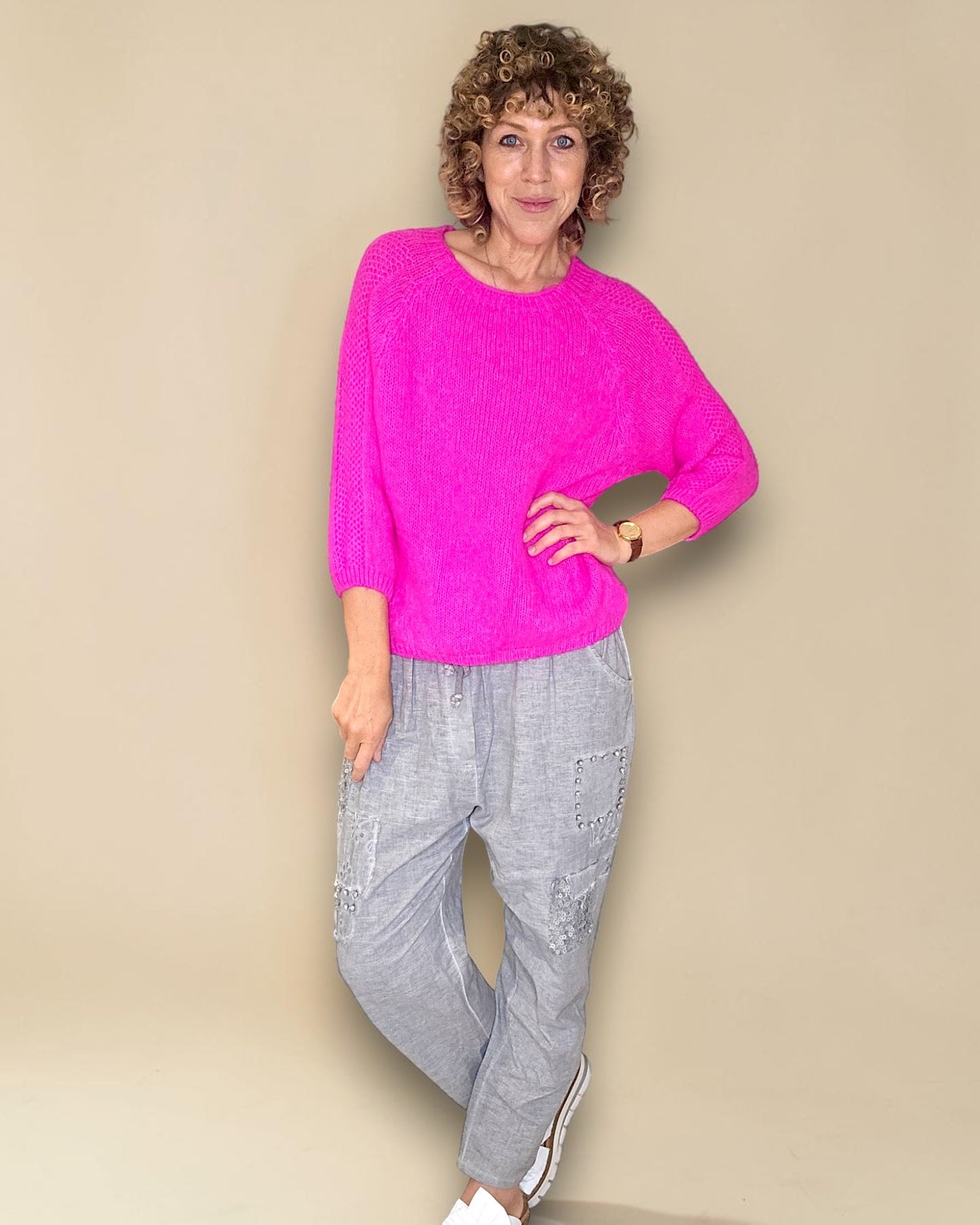 Fluoro Pink Crewneck Mohair Blend Sweater
