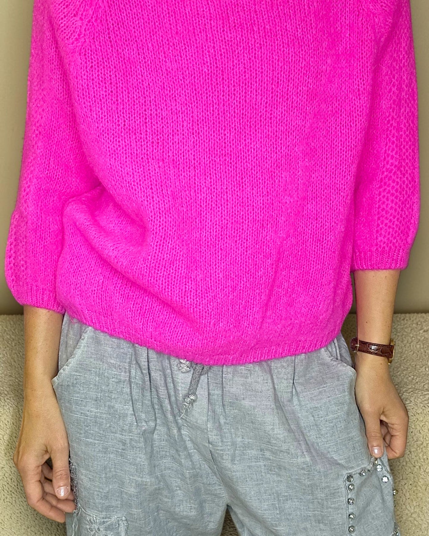 Fluoro Pink Crewneck Mohair Blend Sweater