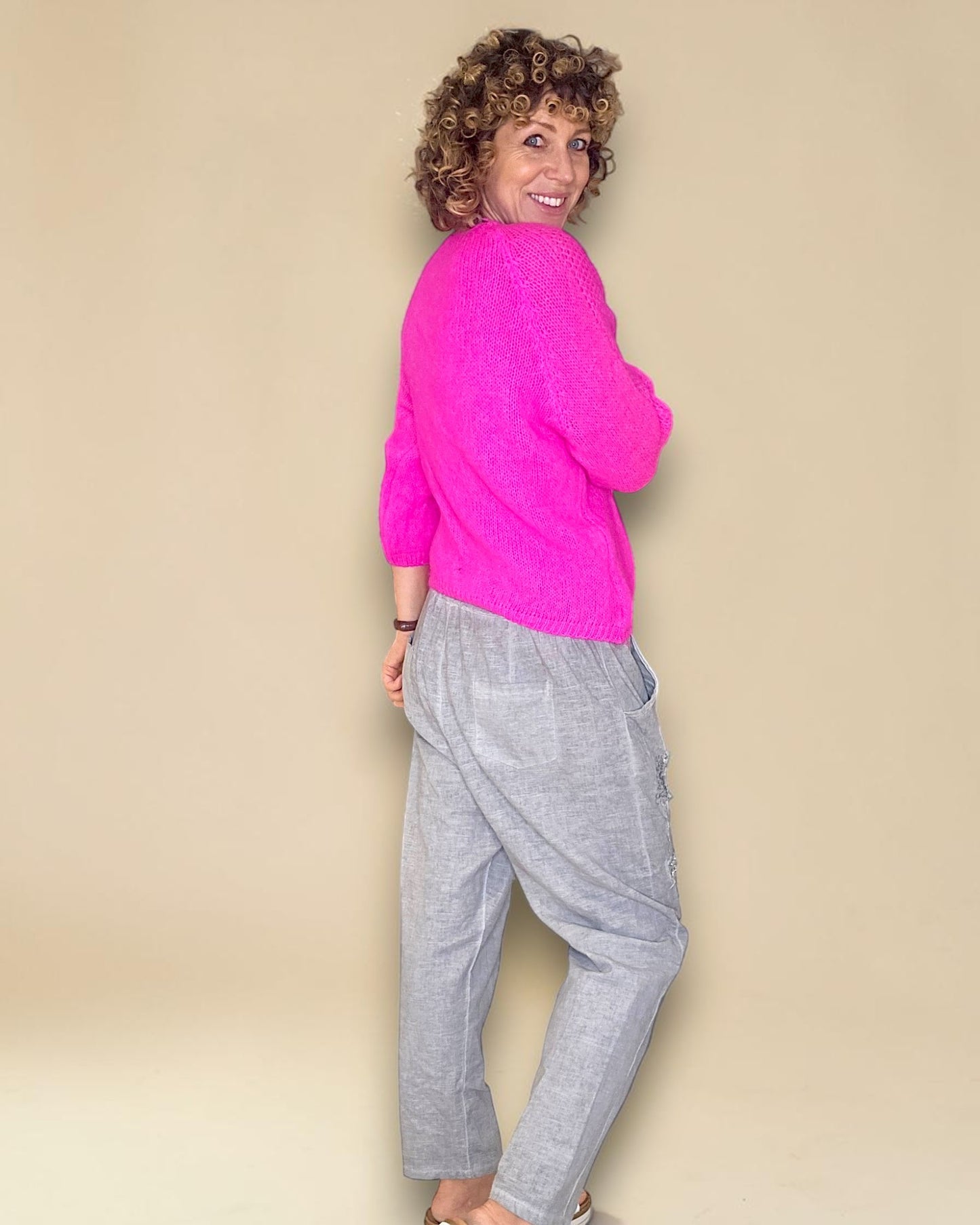 Fluoro Pink Crewneck Mohair Blend Sweater
