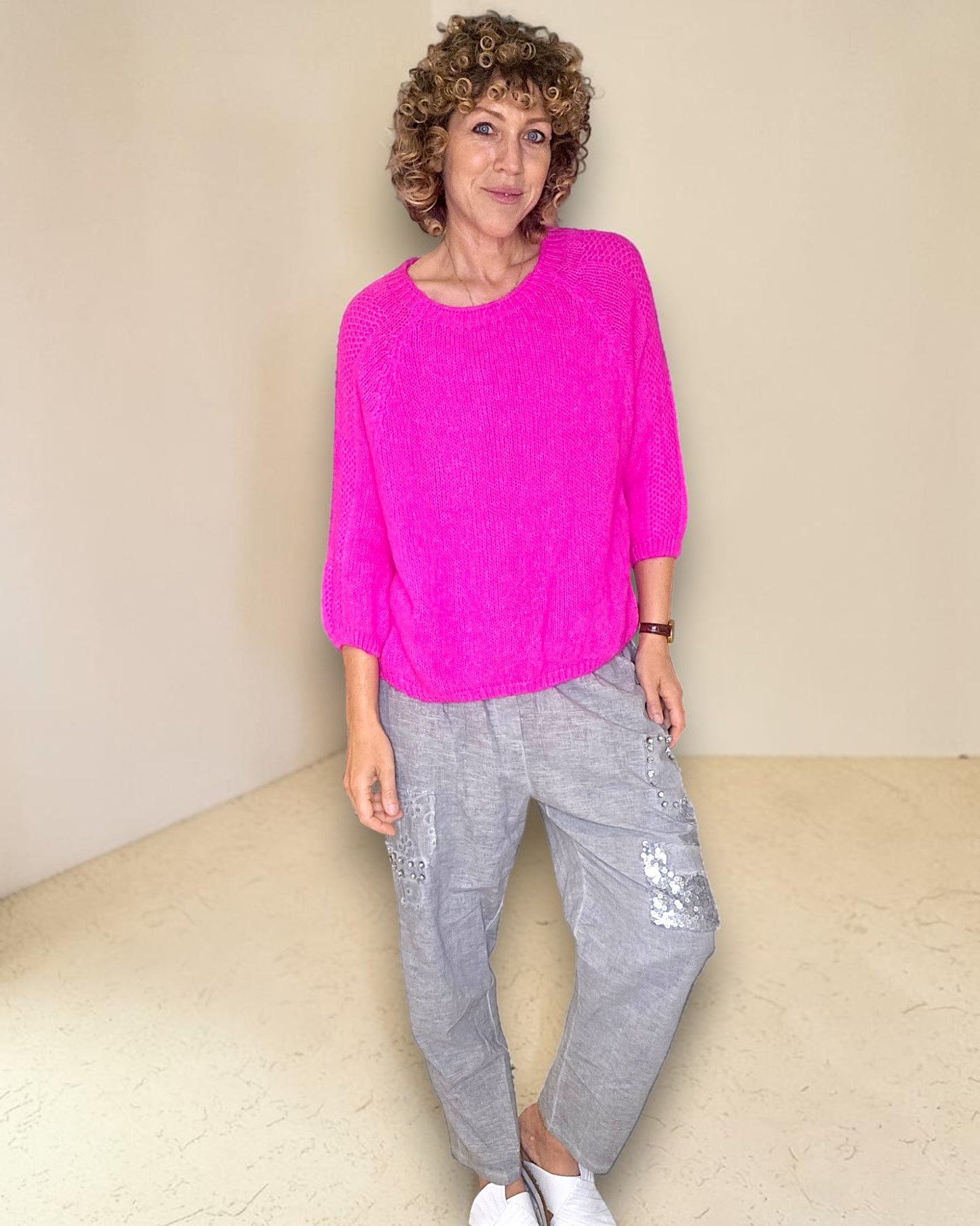 Fluoro Pink Crewneck Mohair Blend Sweater