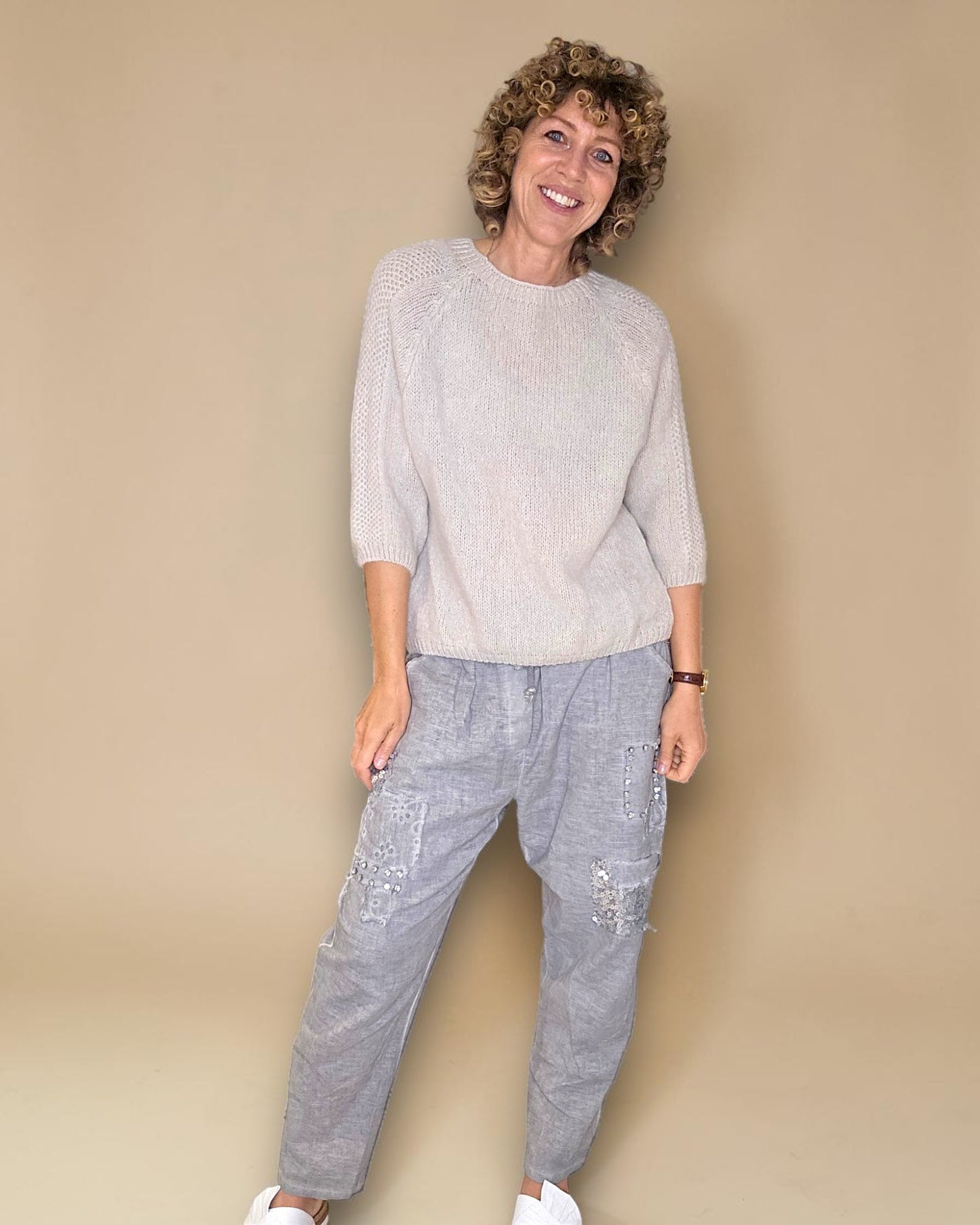 Beige Crewneck Mohair Blend Sweater