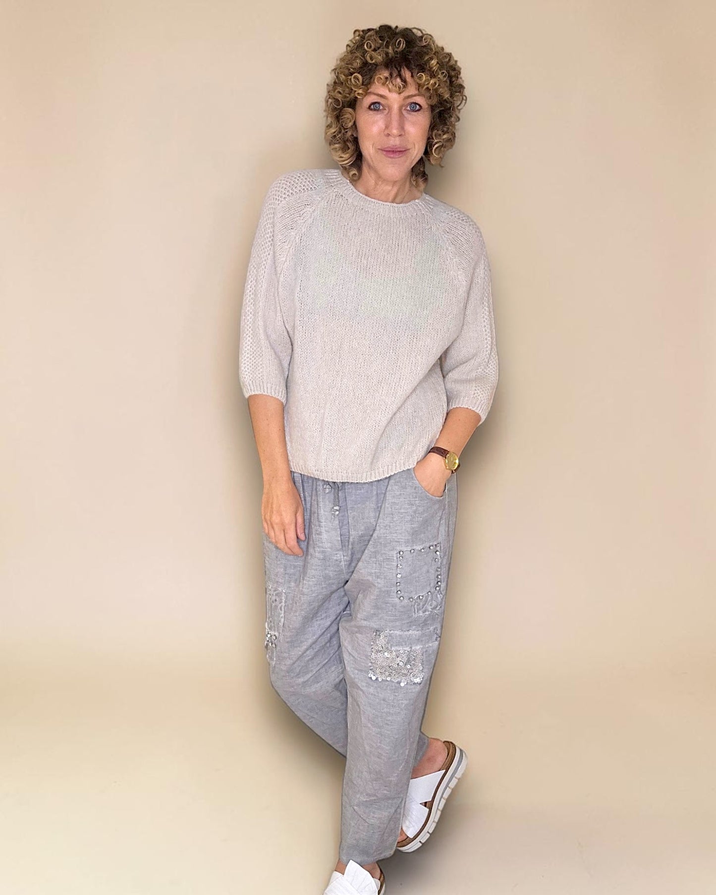 Beige Crewneck Mohair Blend Sweater