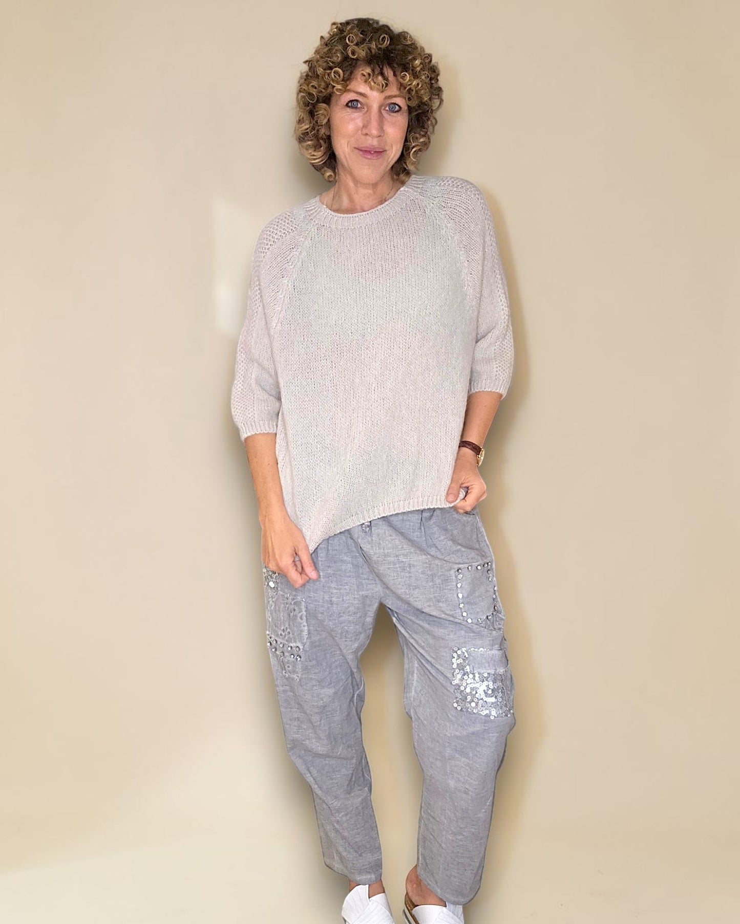 Beige Crewneck Mohair Blend Sweater