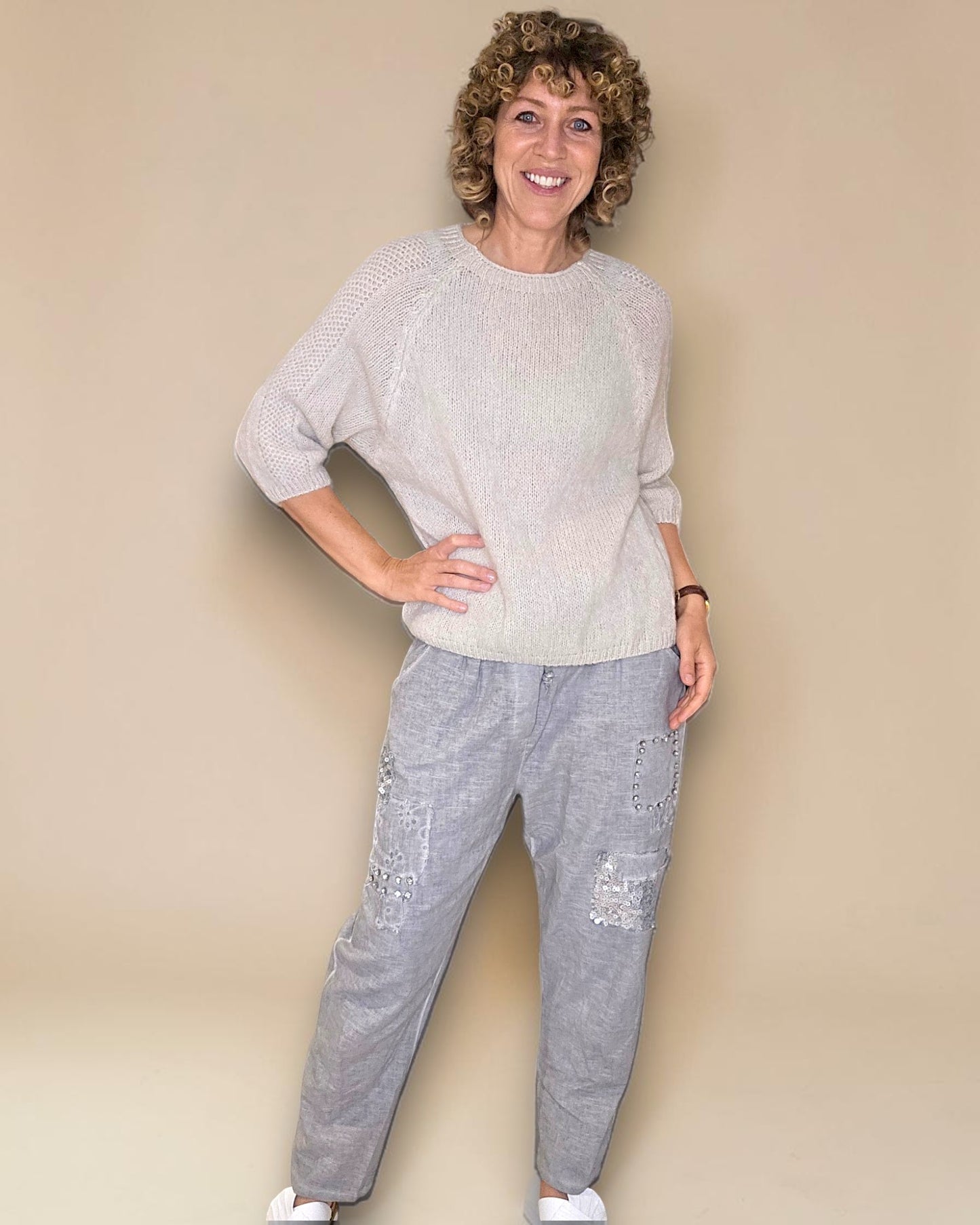 Beige Crewneck Mohair Blend Sweater