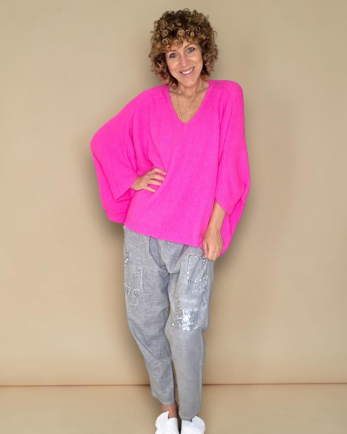 Fluoro Pink Baby Alpaca Blend Batsleeve Knit